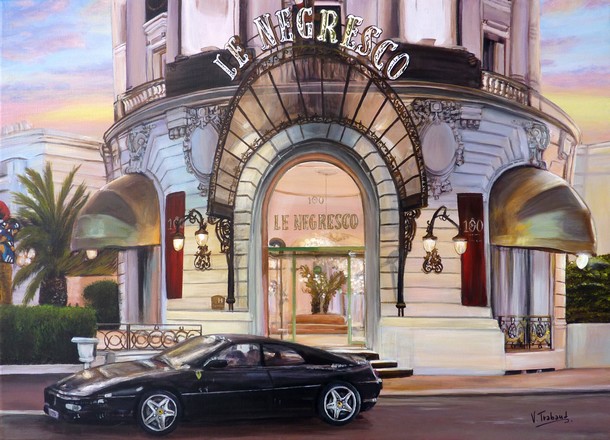 Ferrari noire devant le Negresco - tableau de peinture acrylique - virginie trabaud artiste peintre