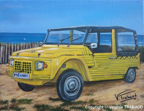 Tableau de peinture citroen mehari jaune sur la plage - Acrylique - virginie Trabaud Artiste Peintre
