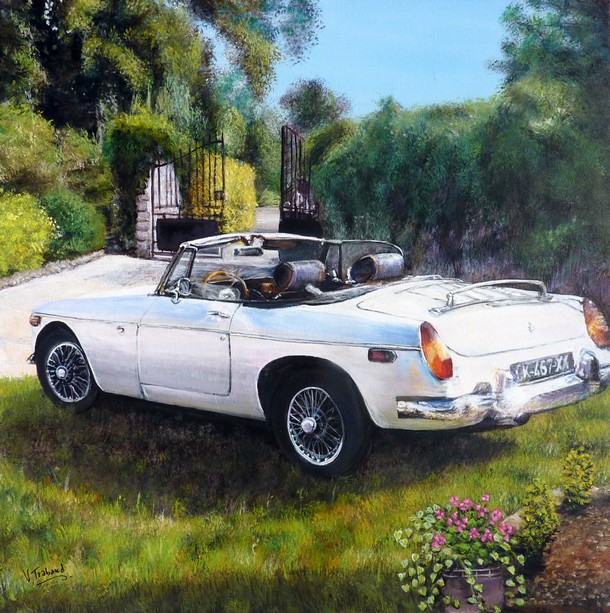 tableau de peinture MG blanche cabriolet voiture - Virginie TRABAUD Artiste Peintre