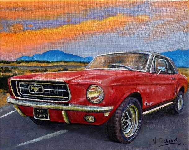 Peinture Mustang Rouge sur la route Us 66 - acrylique virginie Trabaud
